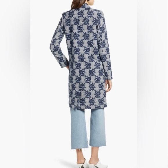 HALOGEN Ruffle Front Topper Coat Gray Plaid Blue Floral Size XXS Petite - Picture 4 of 14